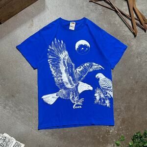 Vintage Y2K Bald Eagle Nature AOP Tee Blue White Mens Medium Animal Print Shirt